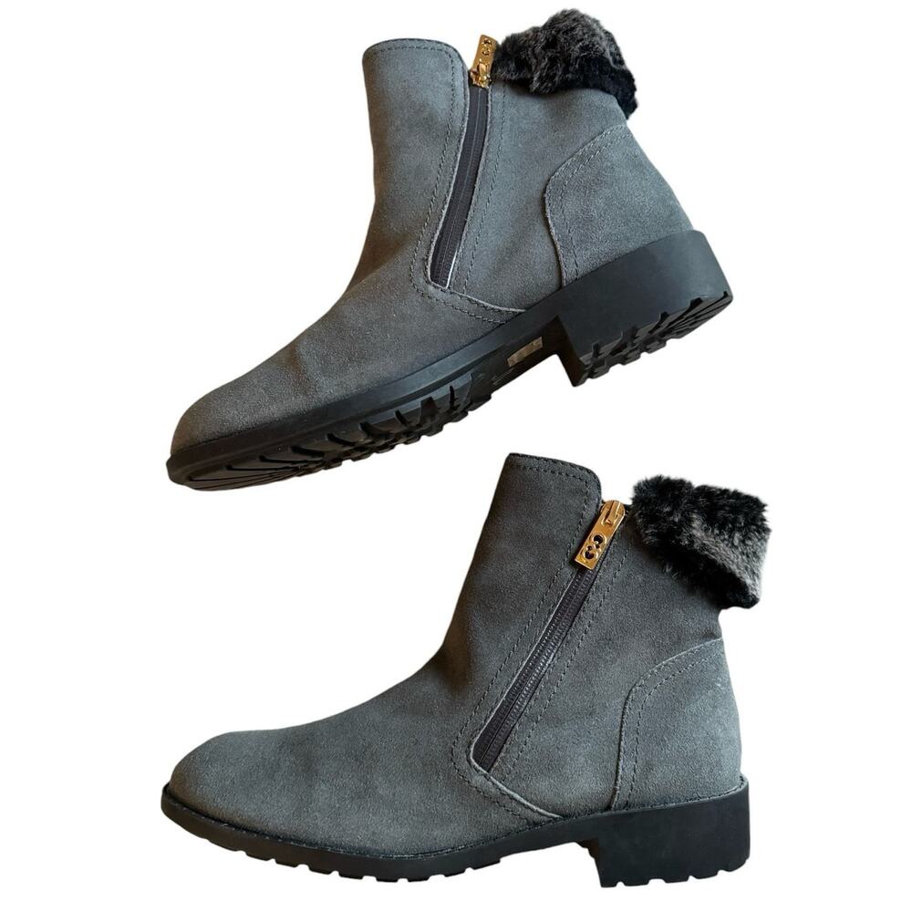 Cole Haan Gray Suede Ankle Booties Women’s Faux Fur Cuff Side Zip Winter Boots 9